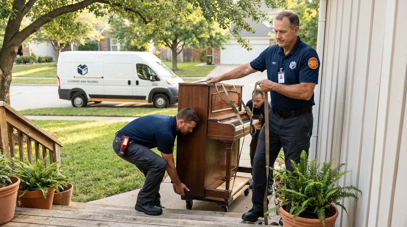 Licensed piano movers securing grand piano in Athens, AL