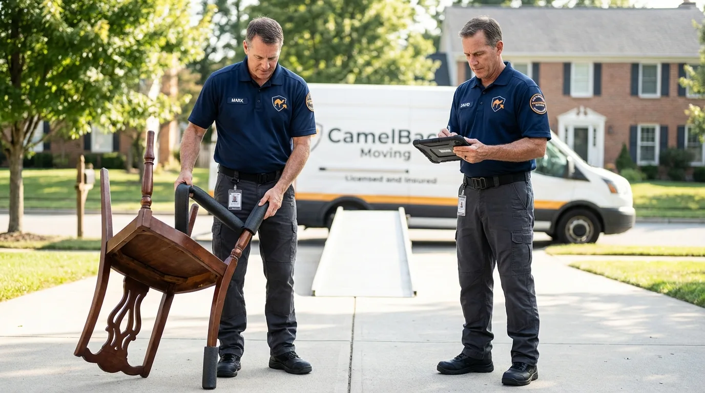 Movers inspecting furniture for damage prevention before loading in Athens, AL